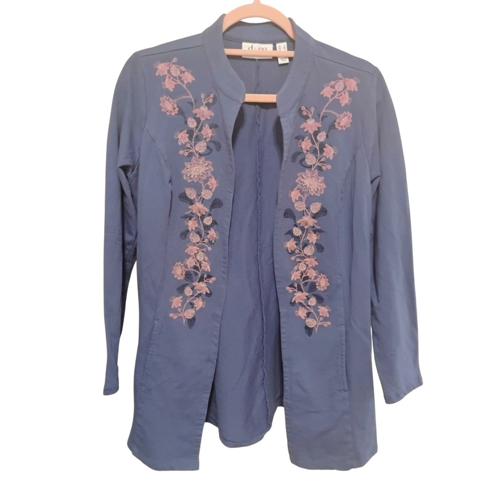D & Co Blue Embroidered Pink Floral Cardigan Small Holiday‎ Layering Top